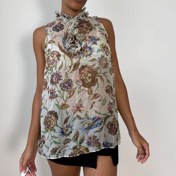 Vintage Italian Sheer Mesh Ruffle-Neck Floral Tunic Top (M/L) - Picture 6 of 8